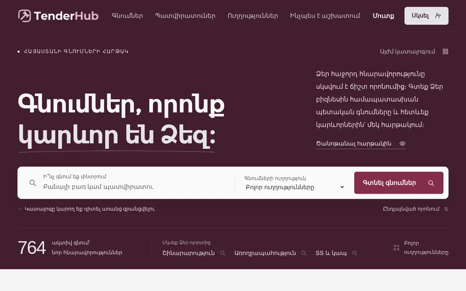 tenderhub.am համակարգչի էկրանին